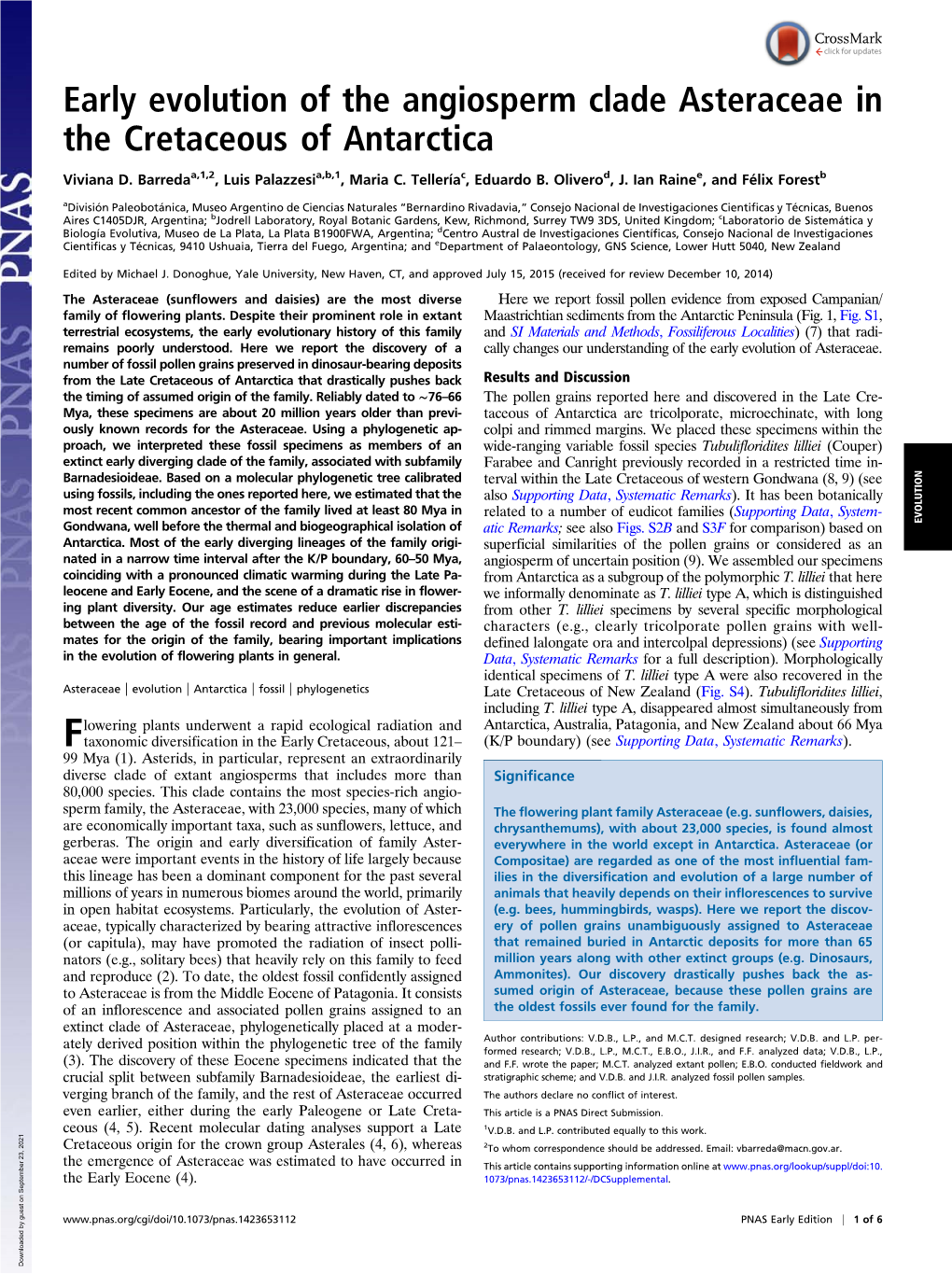 Early Evolution of the Angiosperm Clade Asteraceae in the Cretaceous of Antarctica