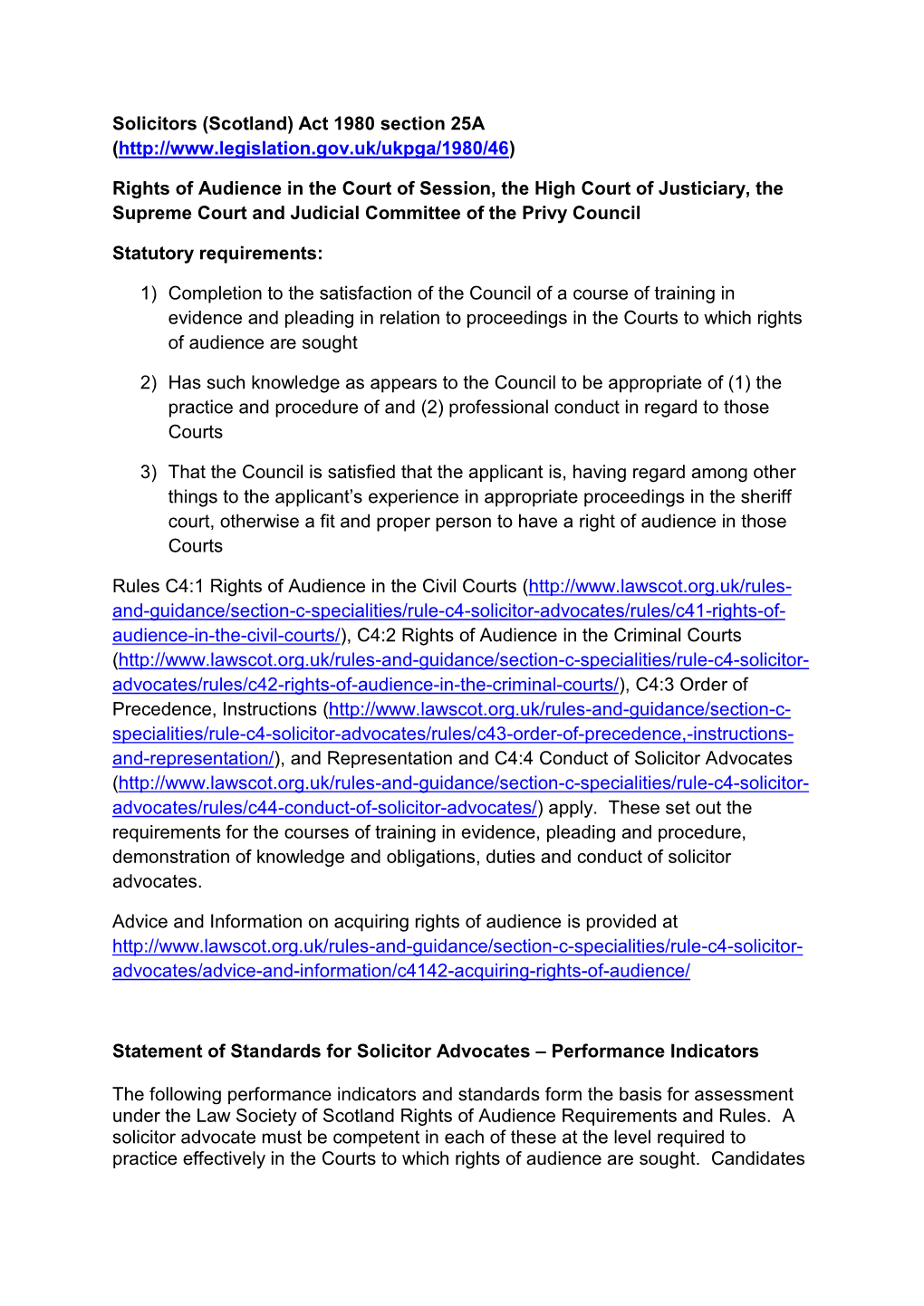 Statement of Standards for Solicitor Advocates – Performance Indicators