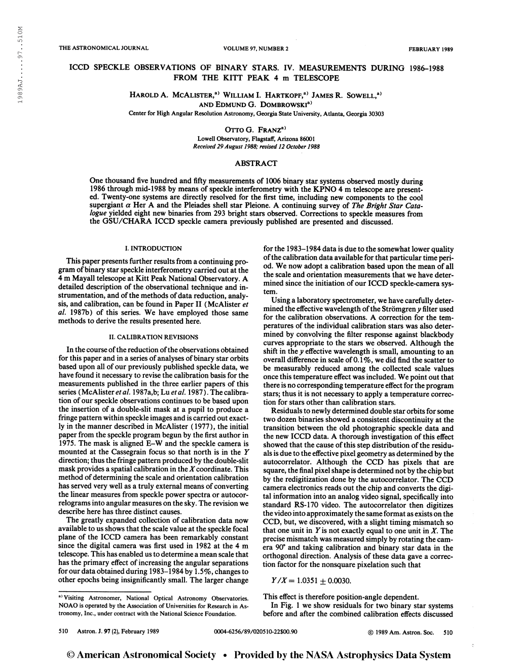 1989Aj 97. . 51 Om the Astronomical Journal Volume 97, Number 2 February 1989 Iccd Speckle Observations of Binary Stars. Iv