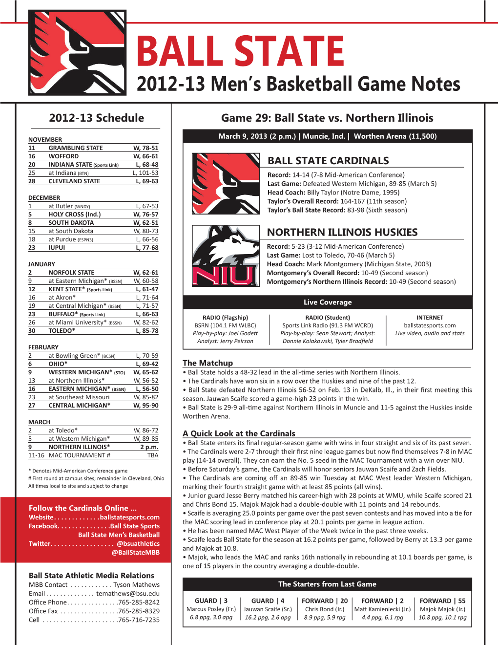 BALL STATE 2012-13 Men’S Basketball Game Notes