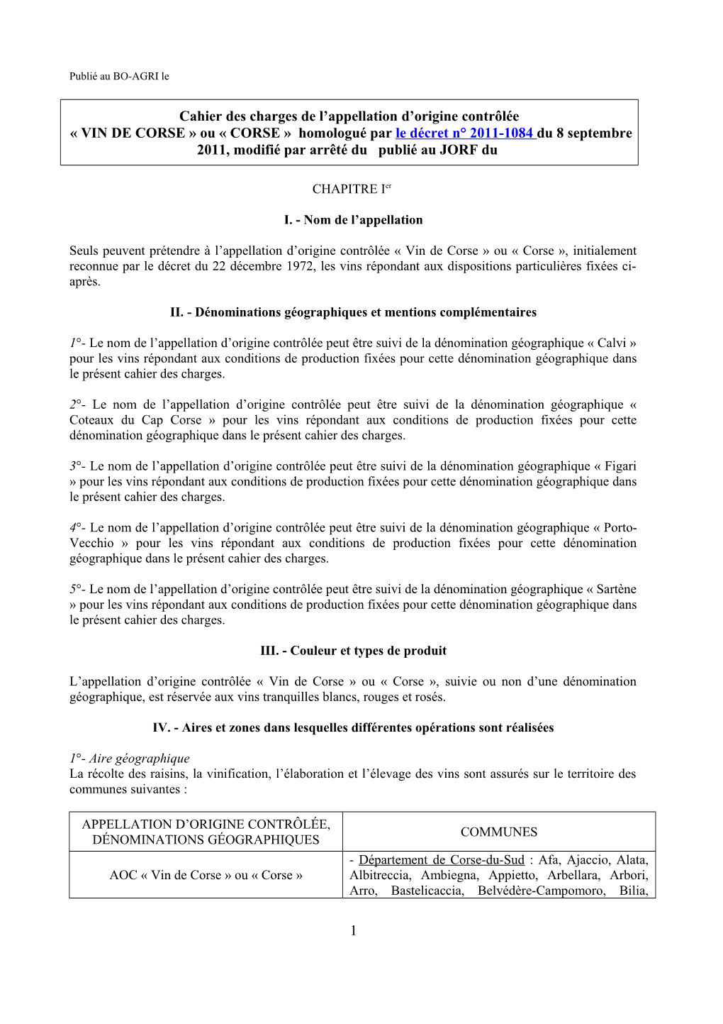 Cahier Des Charges De L'appellation D'origine Contrôlée Vin De Corse Ou