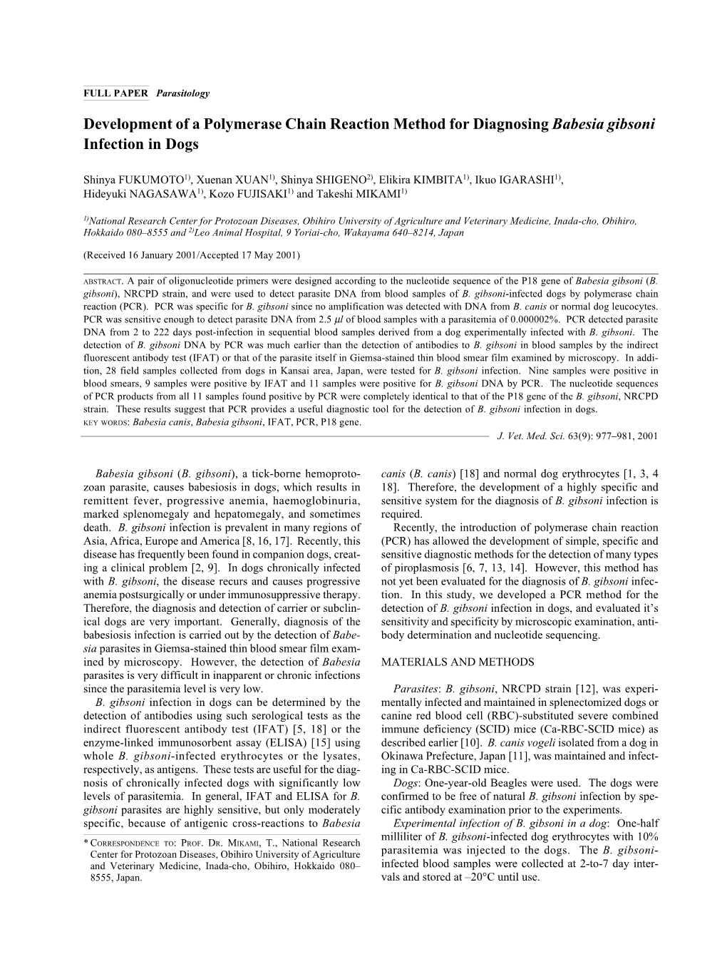 Development of a Polymerase Chain Reaction Method for Diagnosing Babesia Gibsoni Infection in Dogs