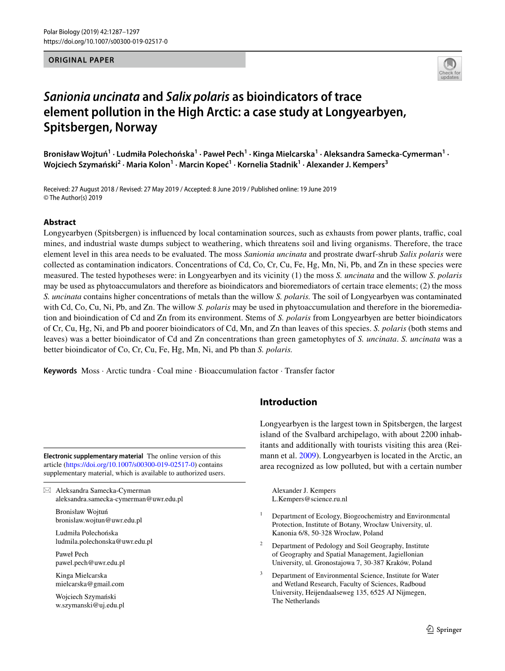 Sanionia Uncinata and Salix Polaris As Bioindicators of Trace Element Pollution in the High Arctic: a Case Study at Longyearbyen, Spitsbergen, Norway