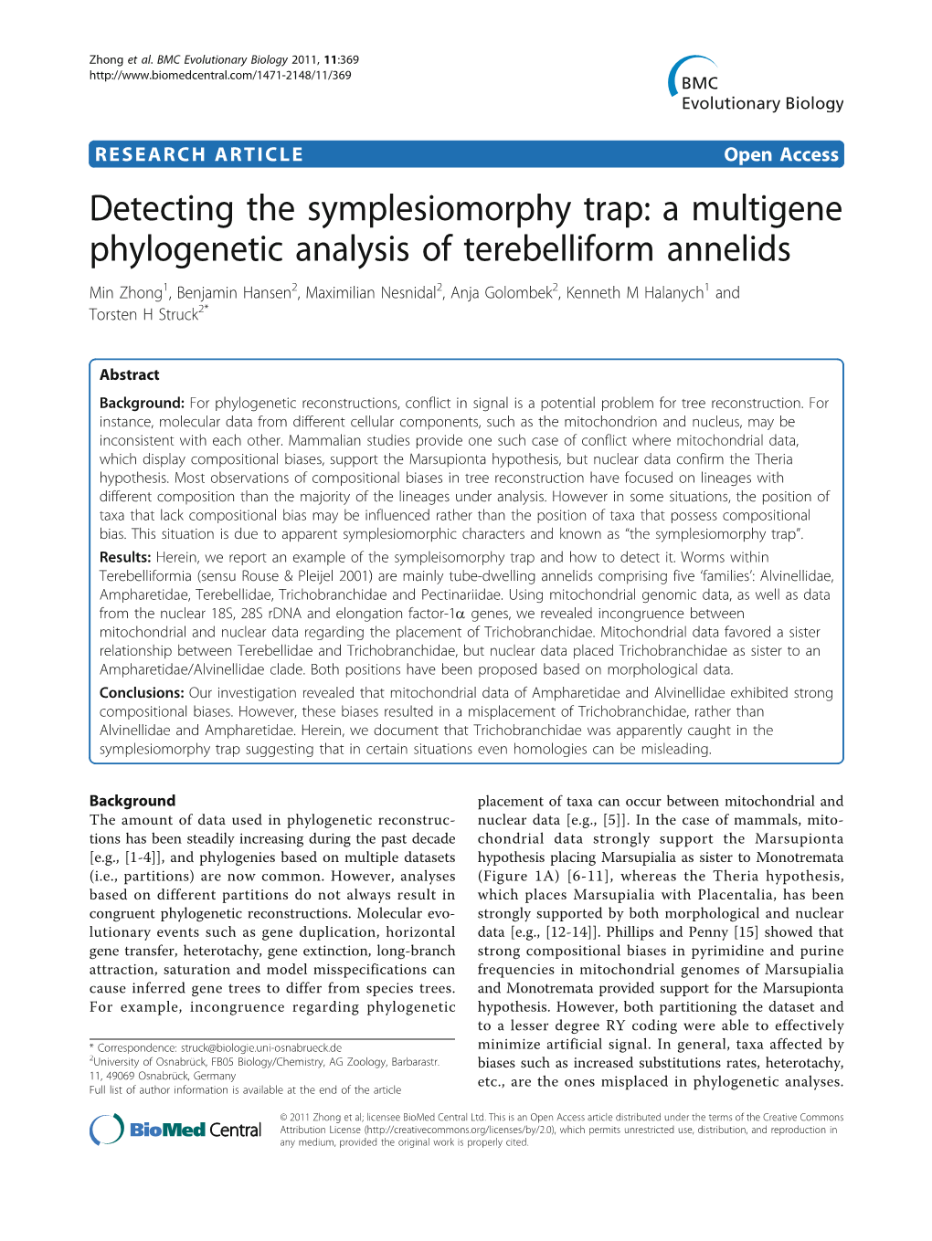 A Multigene Phylogenetic Analysis of Terebelliform Annelids