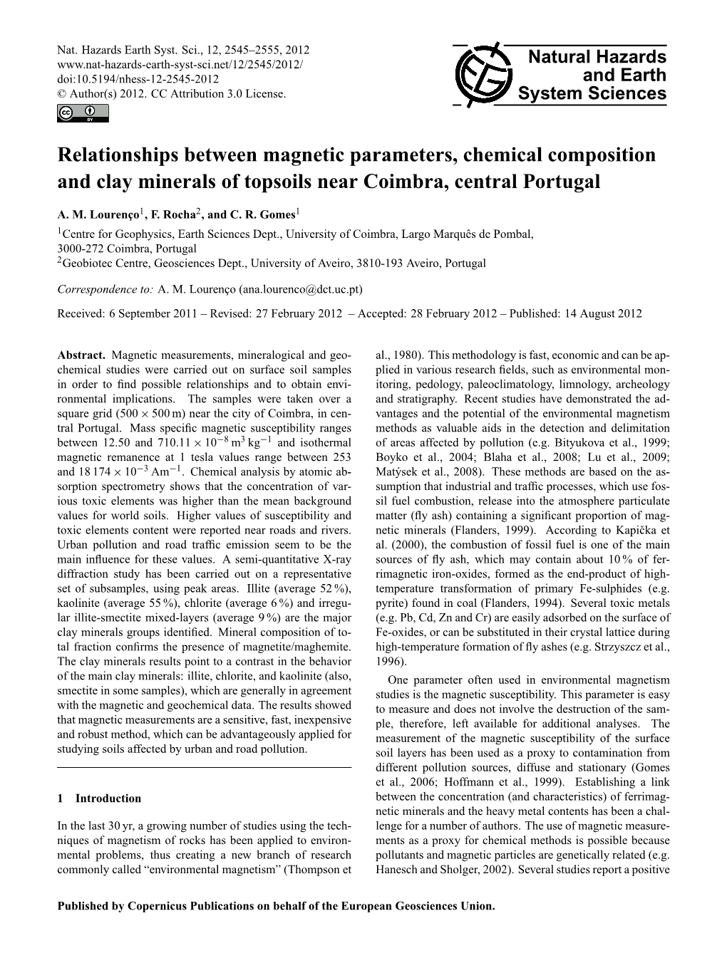 Relationships Between Magnetic Parameters, Chemical Composition and Clay Minerals of Topsoils Near Coimbra, Central Portugal