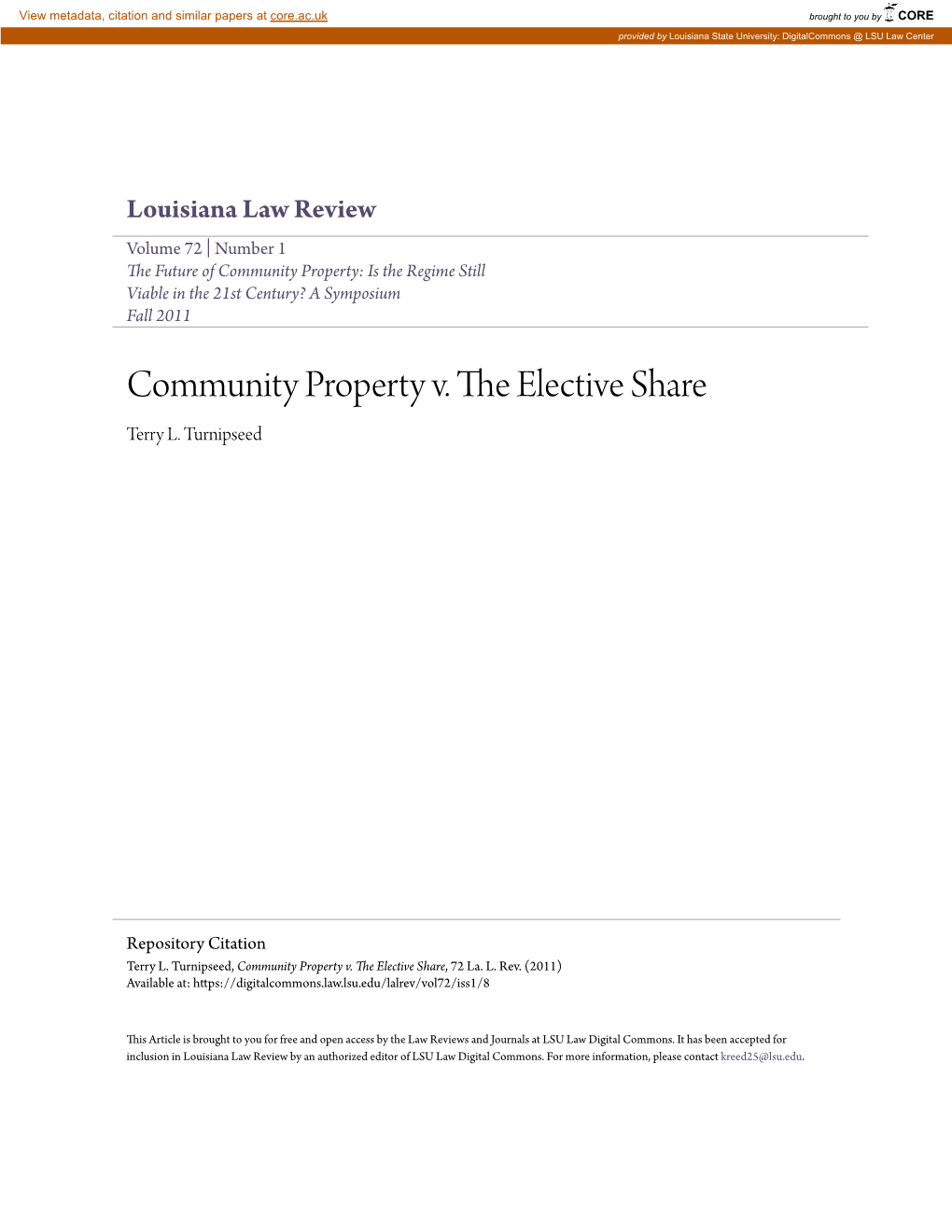 Community Property V. the Elective Share, 72 La