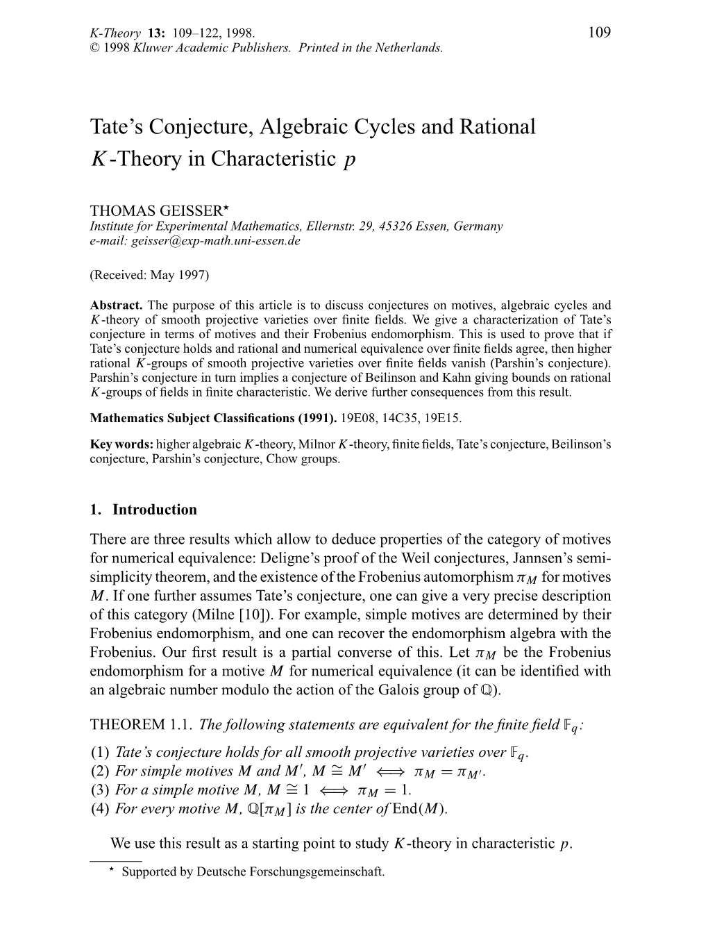 Tate's Conjecture, Algebraic Cycles and Rational K-Theory In