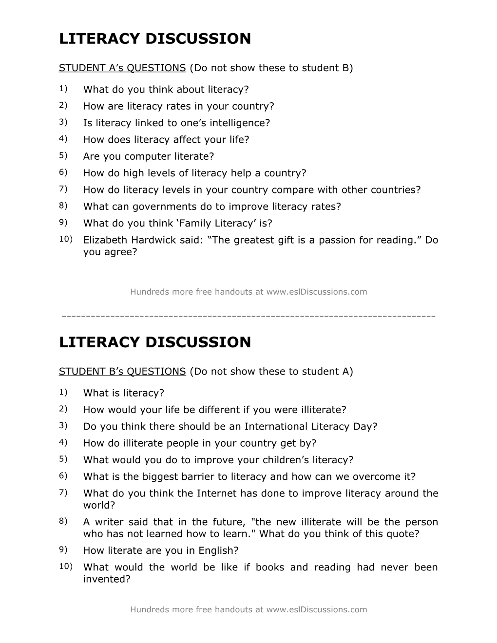 ESL Conversation Lesson on Literacy