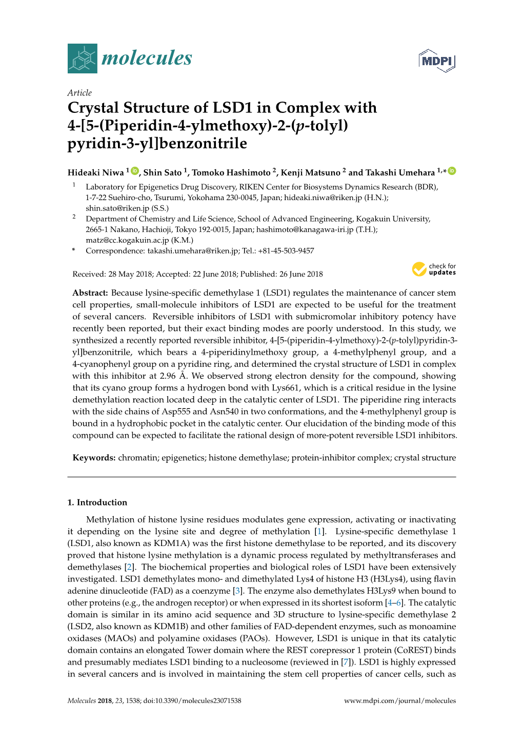 Crystal Structure of LSD1 in Complex with 4-[5-(Piperidin-4-Ylmethoxy)-2-(P-Tolyl) Pyridin-3-Yl]Benzonitrile