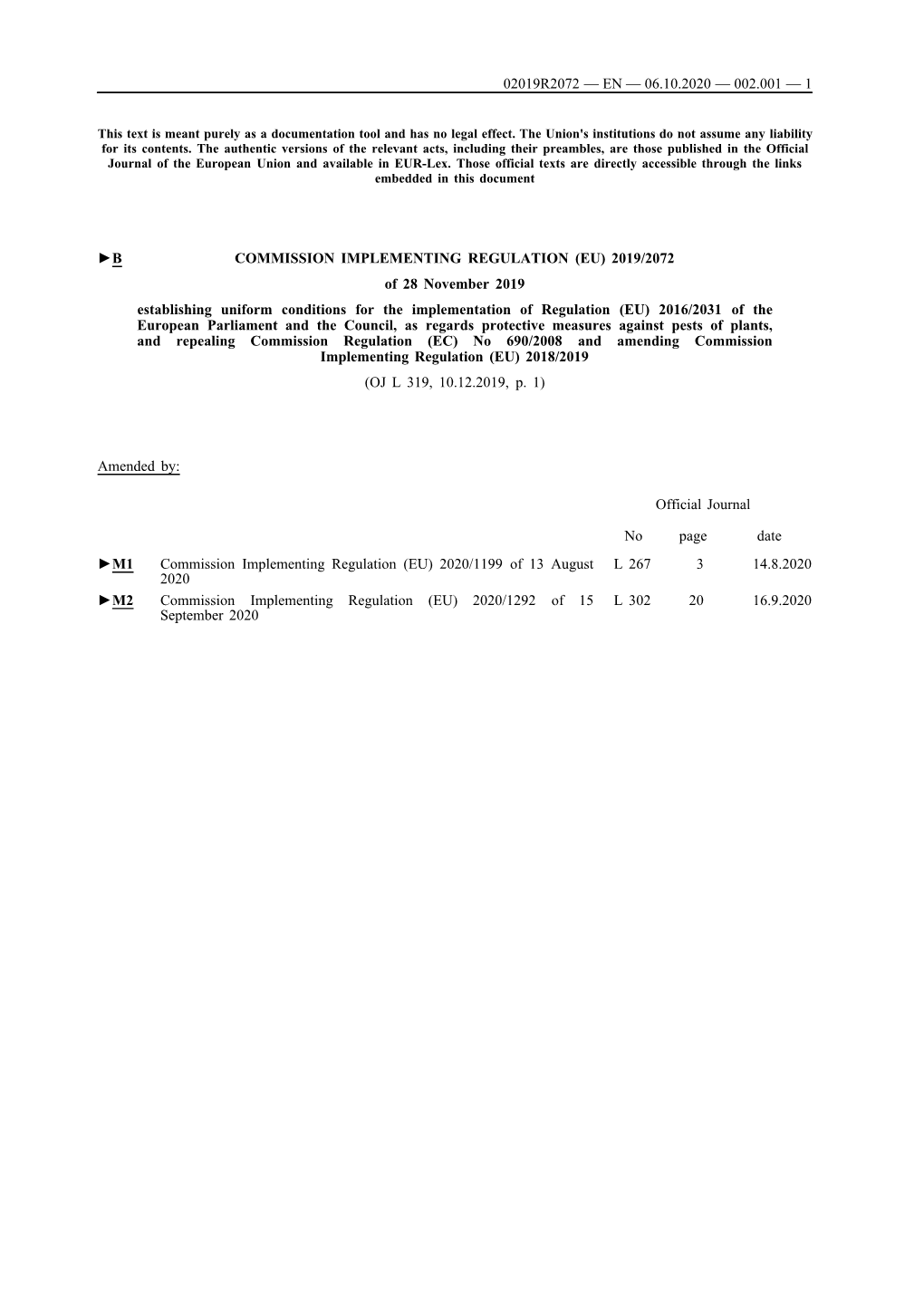 B COMMISSION IMPLEMENTING REGULATION (EU) 2019/2072 of 28 November 2019 Establishing Uniform Conditions for the Implementatio