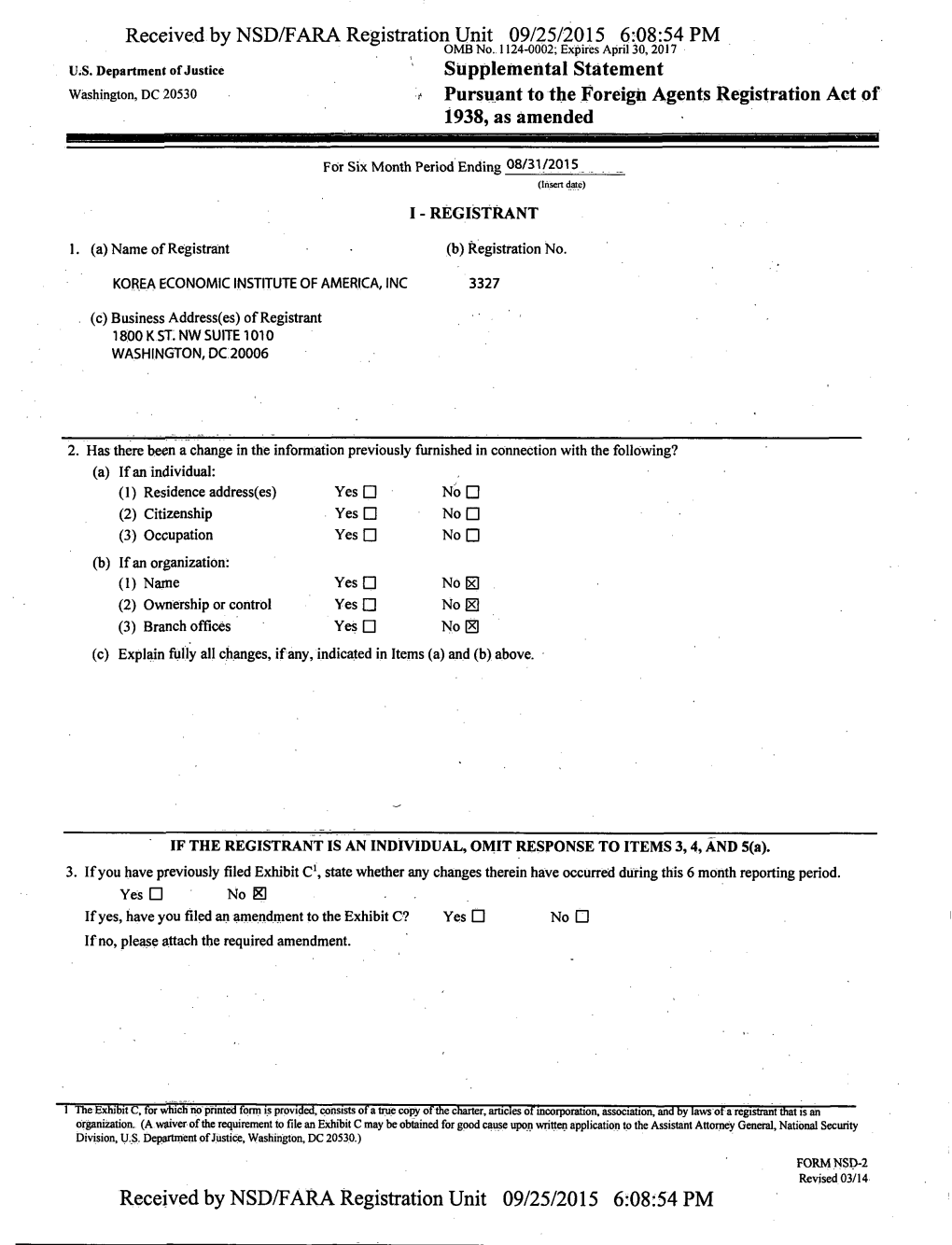 Received by NSD/FARA Registration Unit 09/25/2015 6:08:54 PM U.S