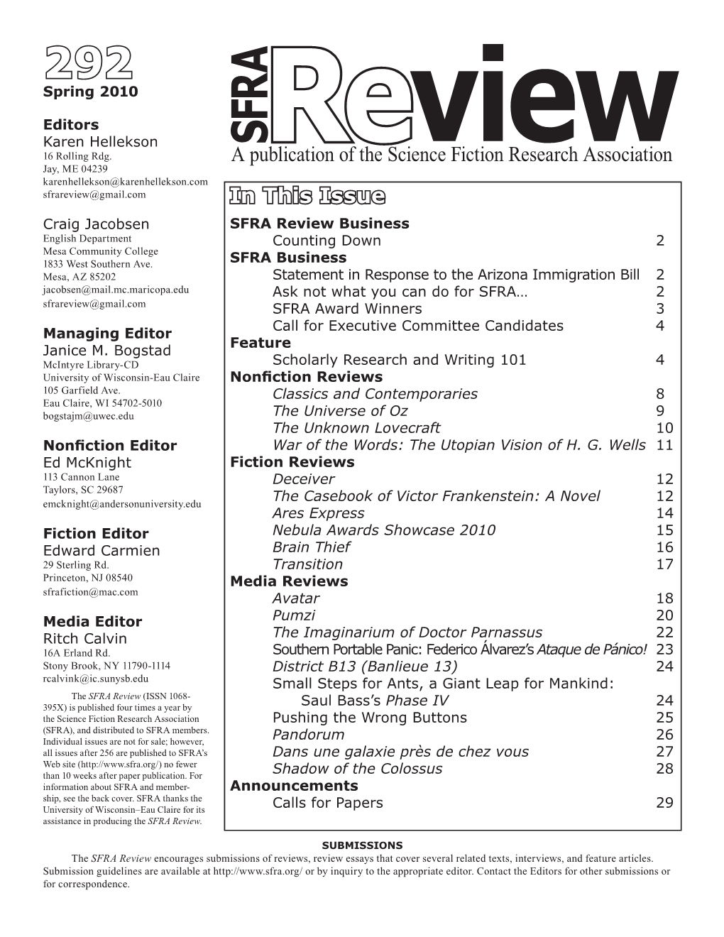 A Publication of the Science Fiction Research Association in This Issue