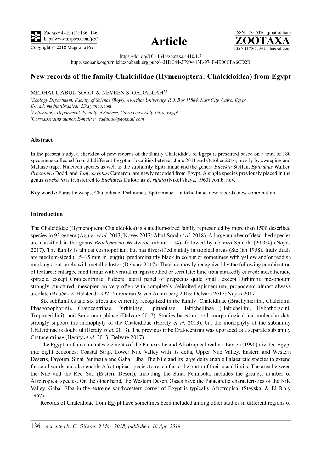 New Records of the Family Chalcididae (Hymenoptera: Chalcidoidea) from Egypt