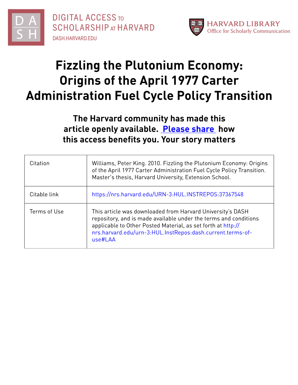 Fizzling the Plutonium Economy: Origins of the April 1977 Carter Administration Fuel Cycle Policy Transition