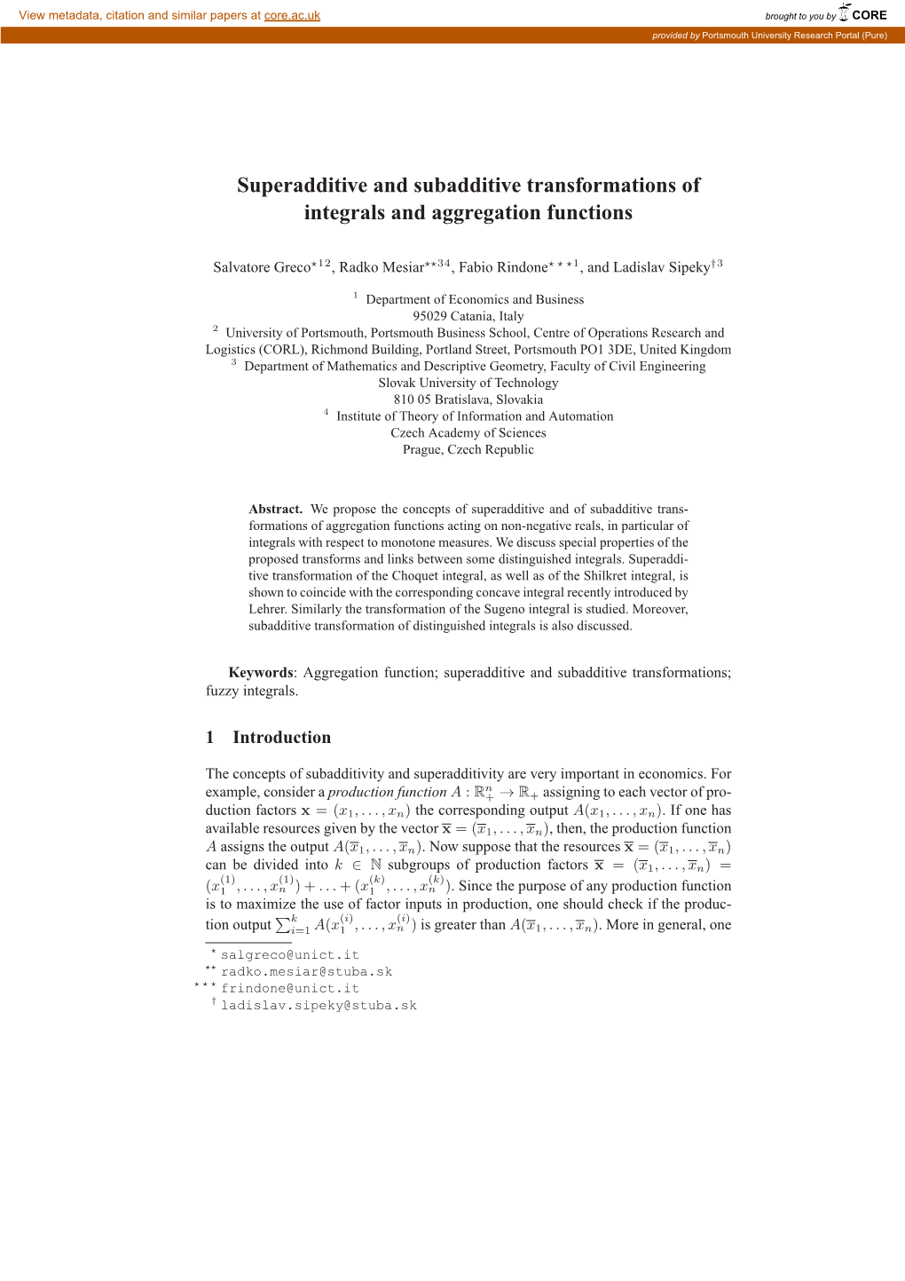 Superadditive and Subadditive Transformations of Integrals and Aggregation Functions