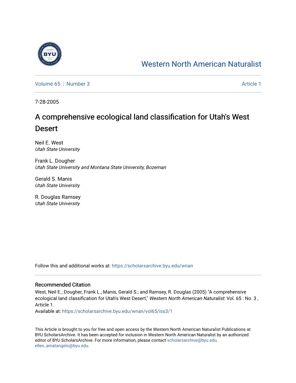 A Comprehensive Ecological Land Classification for Utah's West Desert