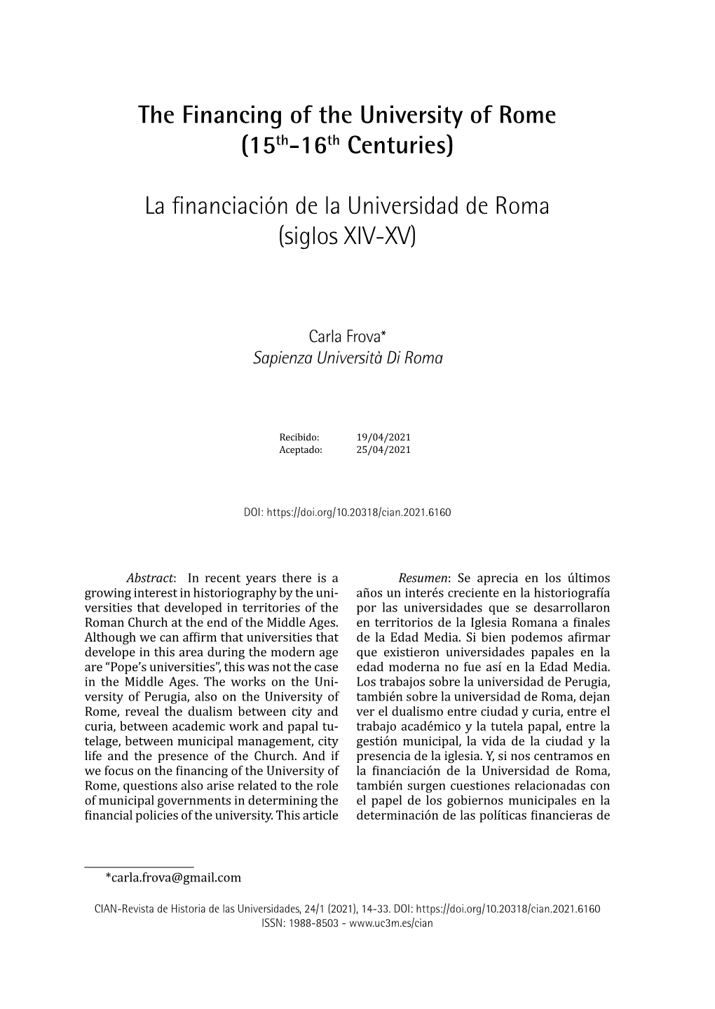 The Financing of the University of Rome(15Th-16Th