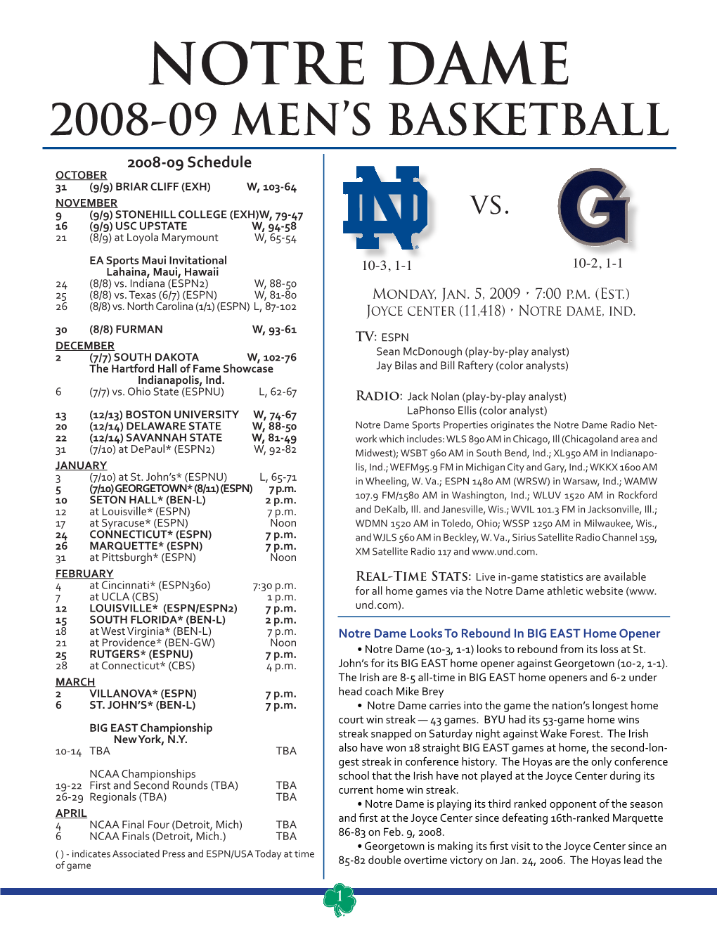 Notre Dame Men's Basketball Notre Dame Season Box Score (As of Jan 03, 2009) All Games