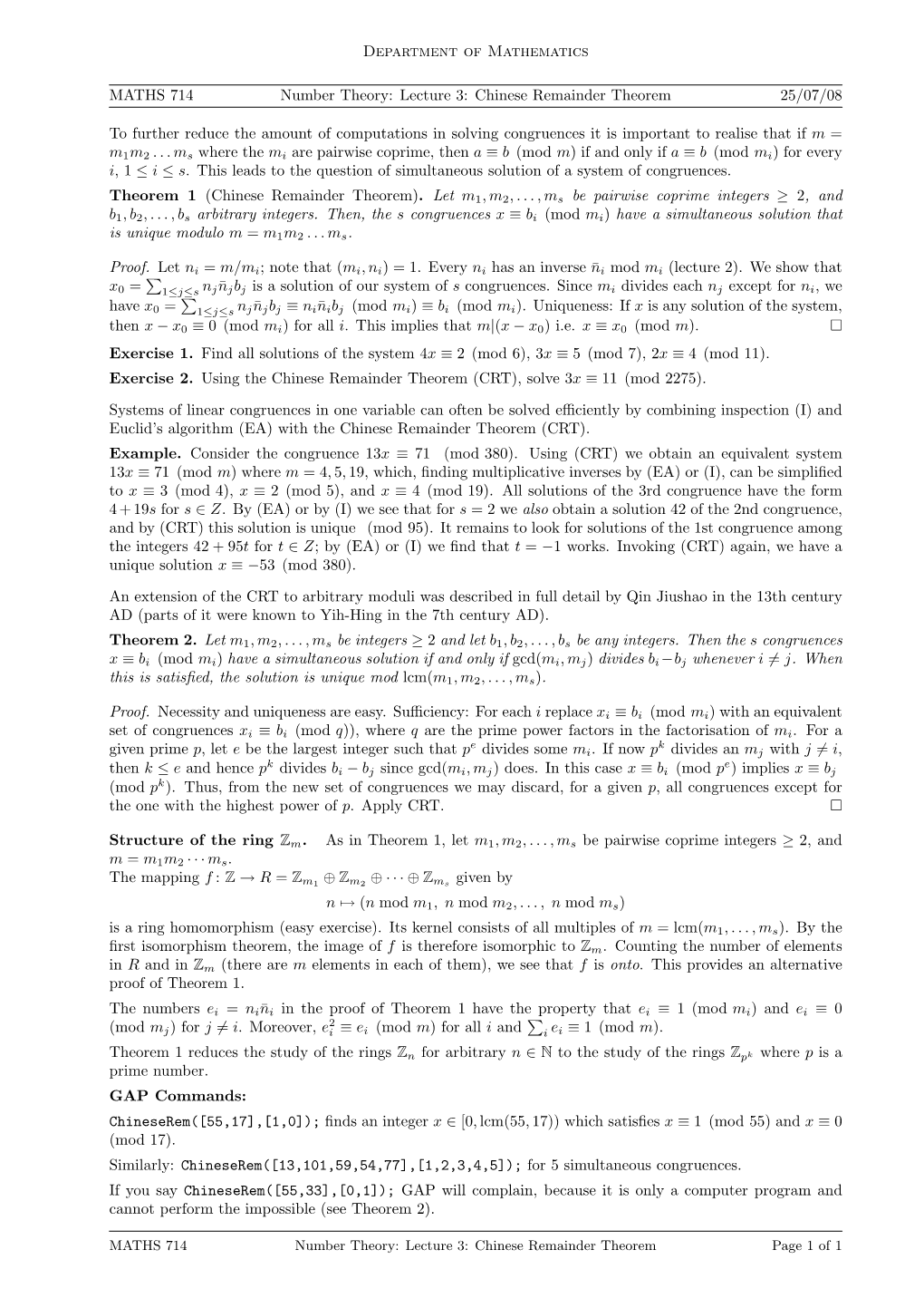 Lecture 3: Chinese Remainder Theorem 25/07/08 to Further