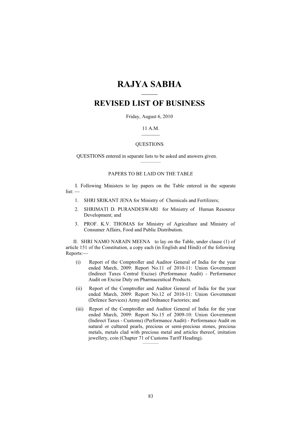 Rajya Sabha —— Revised List of Business