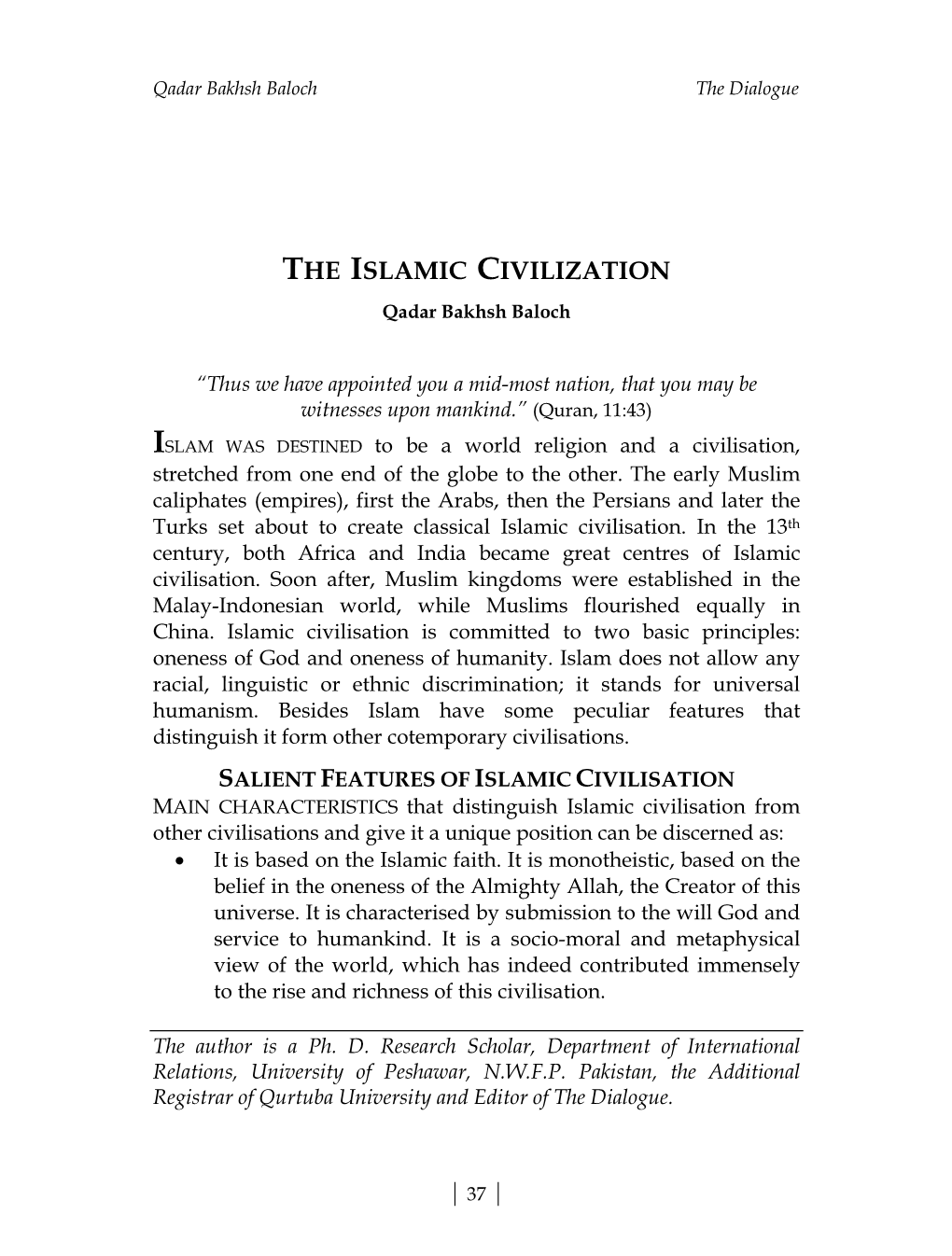 THE ISLAMIC CIVILIZATION Qadar Bakhsh Baloch