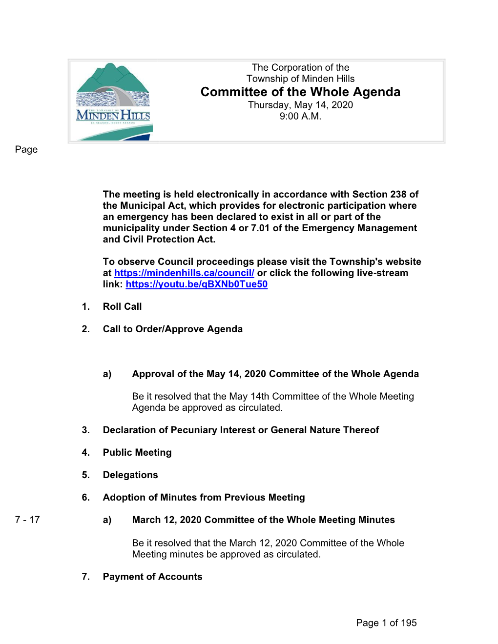 Minden Hills Committee of the Whole Agenda Thursday, May 14, 2020 9:00 A.M