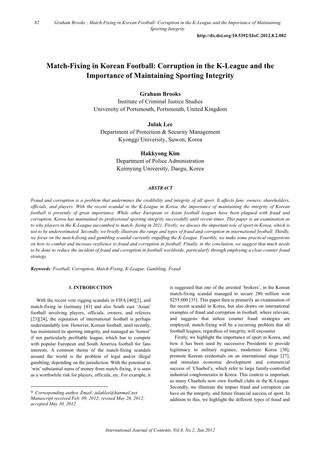 Match-Fixing in Korean Football: Corruption in the K-League and the Importance of Maintaining Sporting Integrity