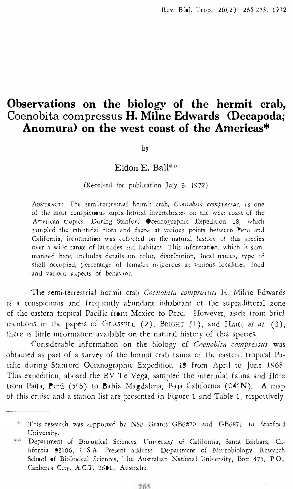 Observations on the Biology of the Hermit Crab, Coenobita Compressus H