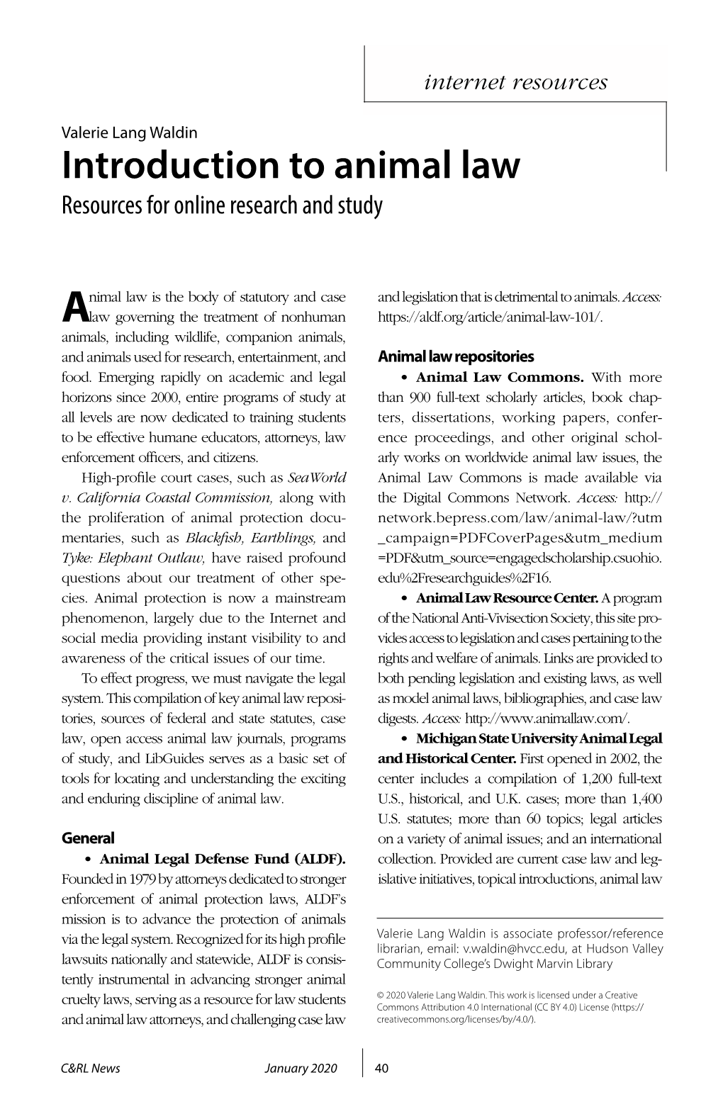 Introduction to Animal Law: Resources for Online Research and Study