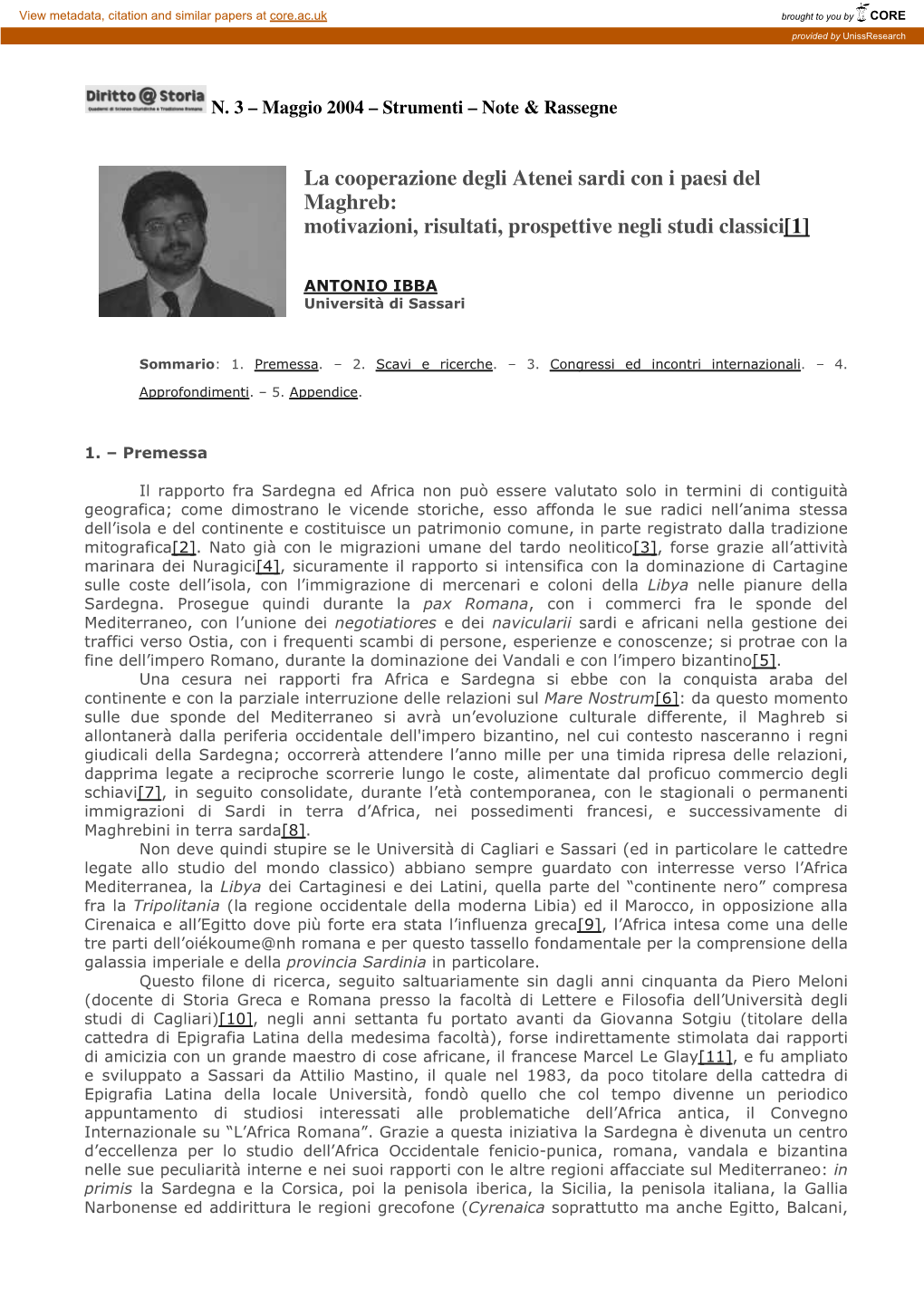 La Cooperazione Degli Atenei Sardi Con I Paesi Del Maghreb: Motivazioni, Risultati, Prospettive Negli Studi Classici[1]