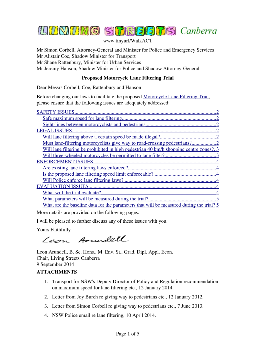 Letter on Proposed Motorcycle Lane Filtering Trial