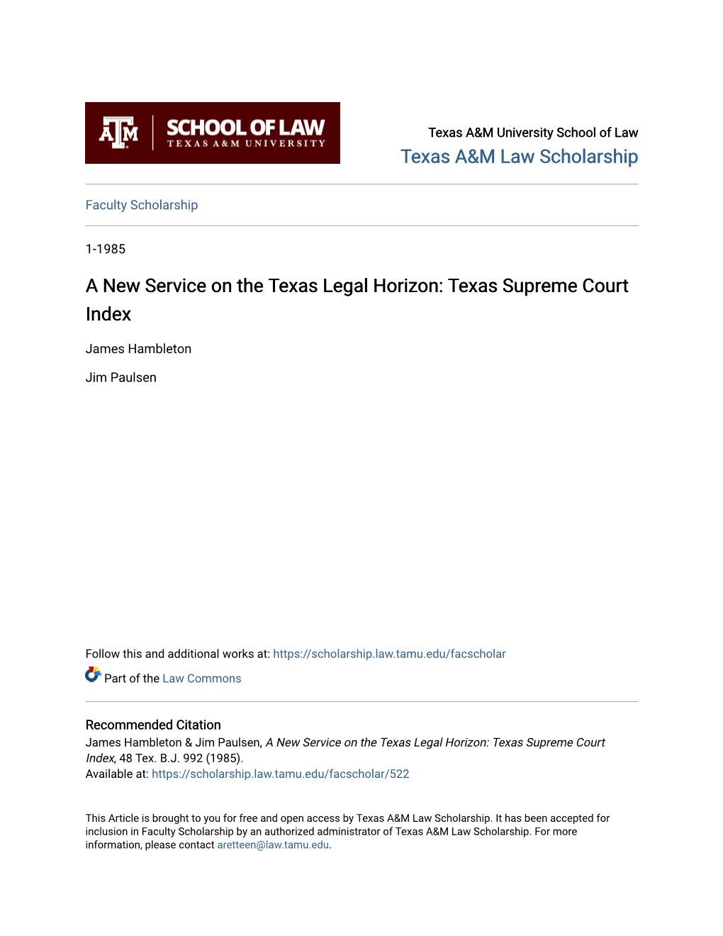 A New Service on the Texas Legal Horizon: Texas Supreme Court Index