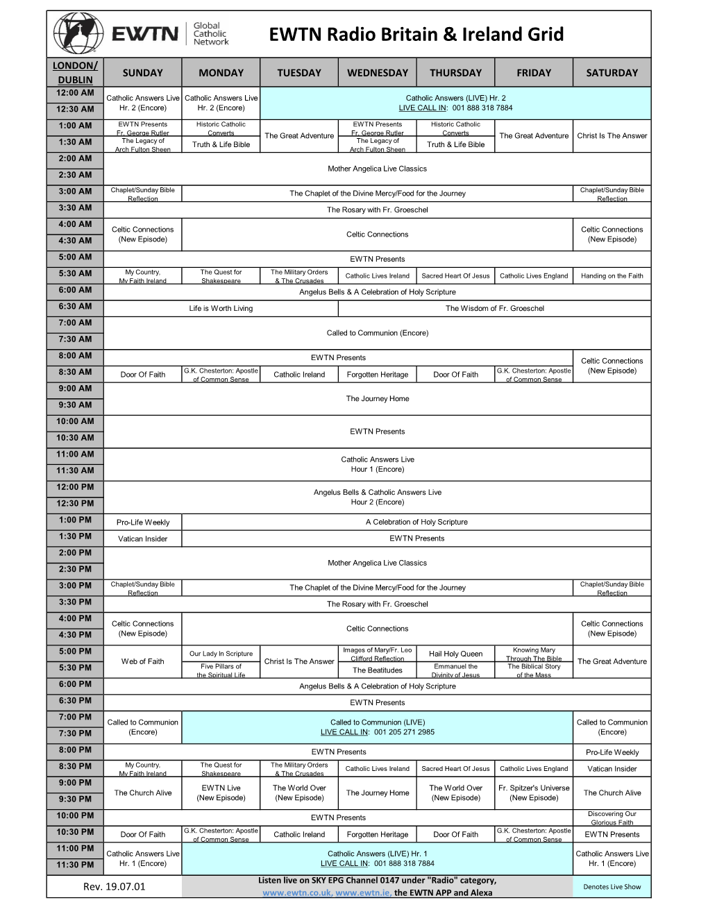 EWTN Radio Britain & Ireland Grid