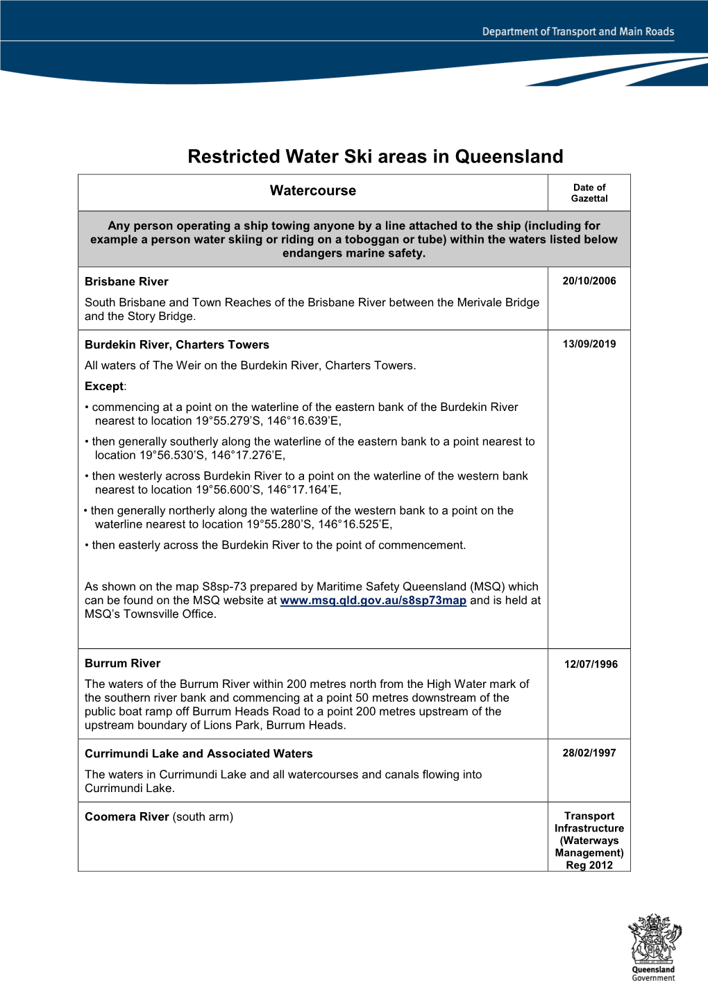 Restricted Water Ski Areas in Queensland