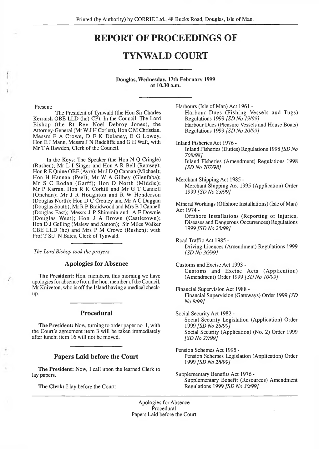 Report of Proceedings of Tynwald Court