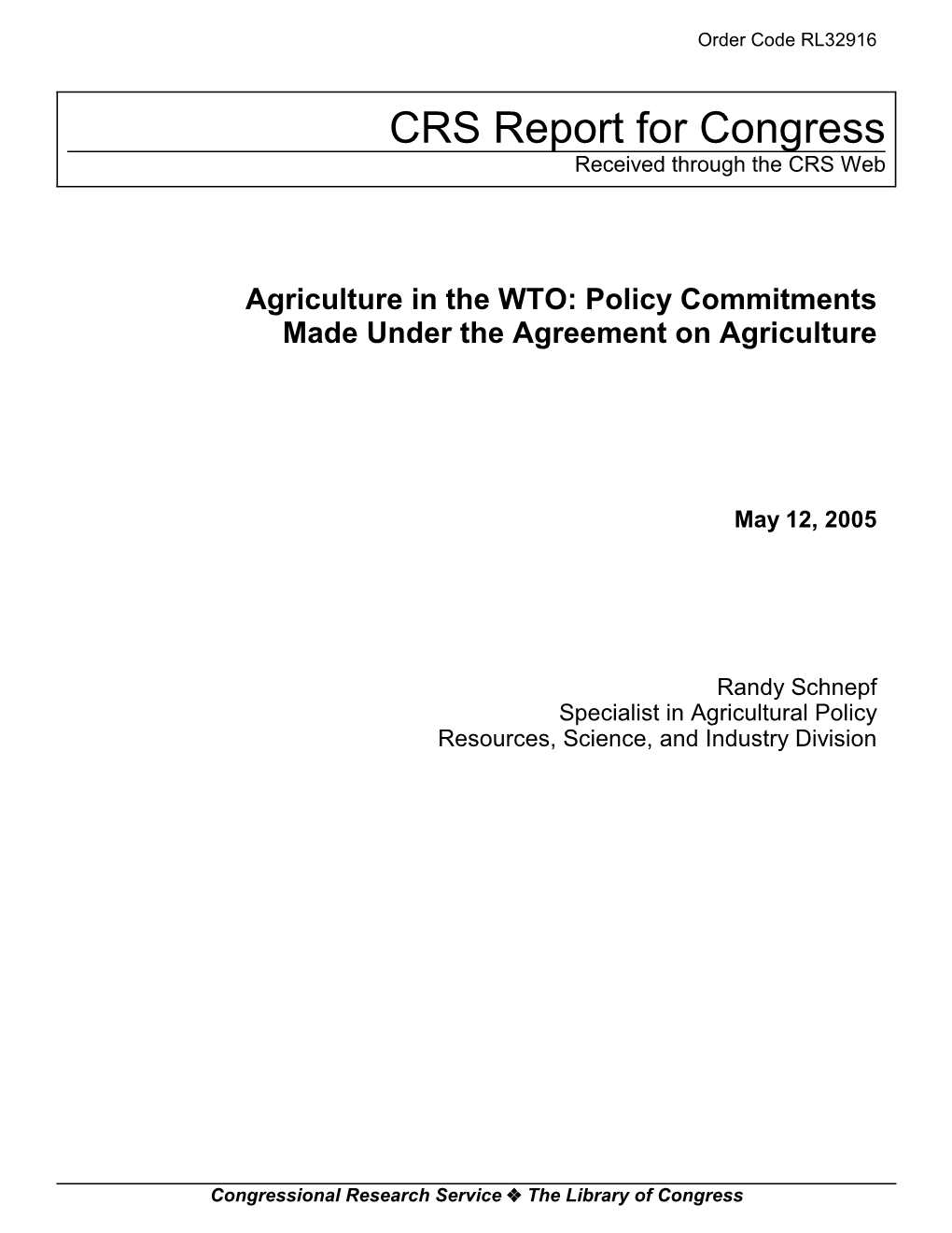 Policy Commitments Made Under the Agreement on Agriculture
