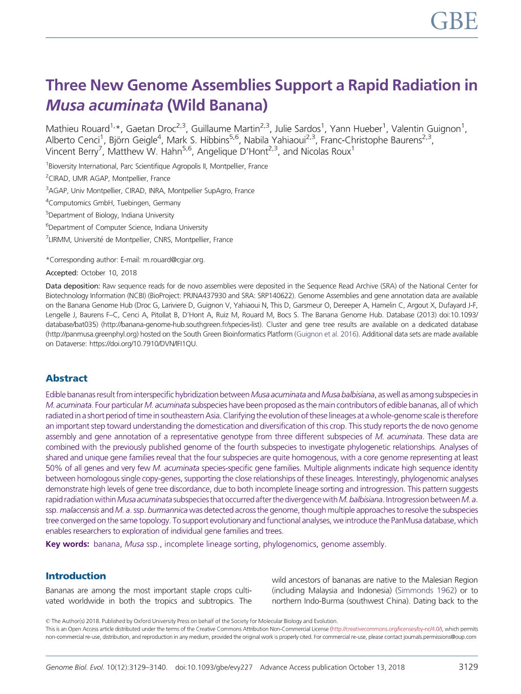 Three New Genome Assemblies Support a Rapid Radiation in Musa Acuminata (Wild Banana)