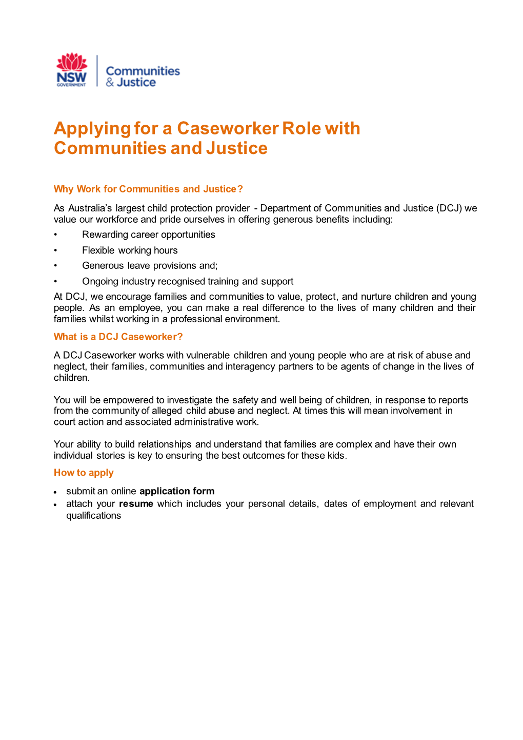 Applying for a Caseworker Role with Communities and Justice