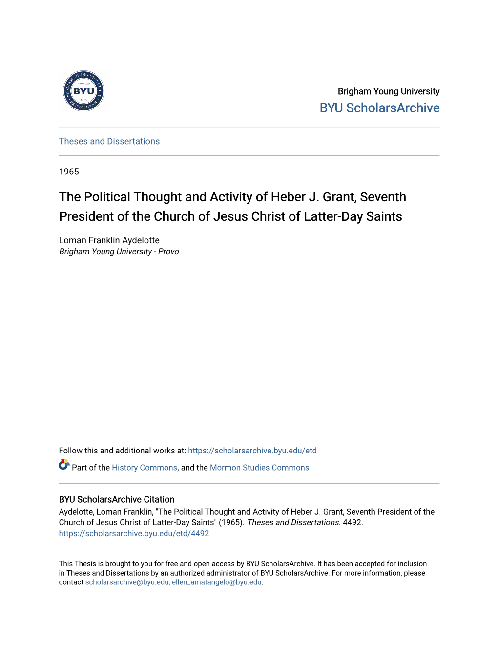 The Political Thought and Activity of Heber J. Grant, Seventh President of the Church of Jesus Christ of Latter-Day Saints