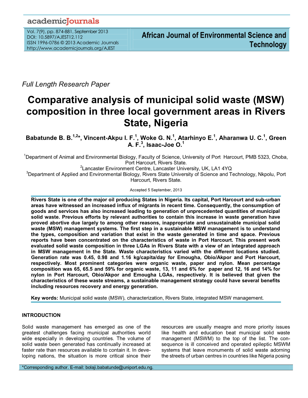 Composition in Three Local Government Areas in Rivers State, Nigeria