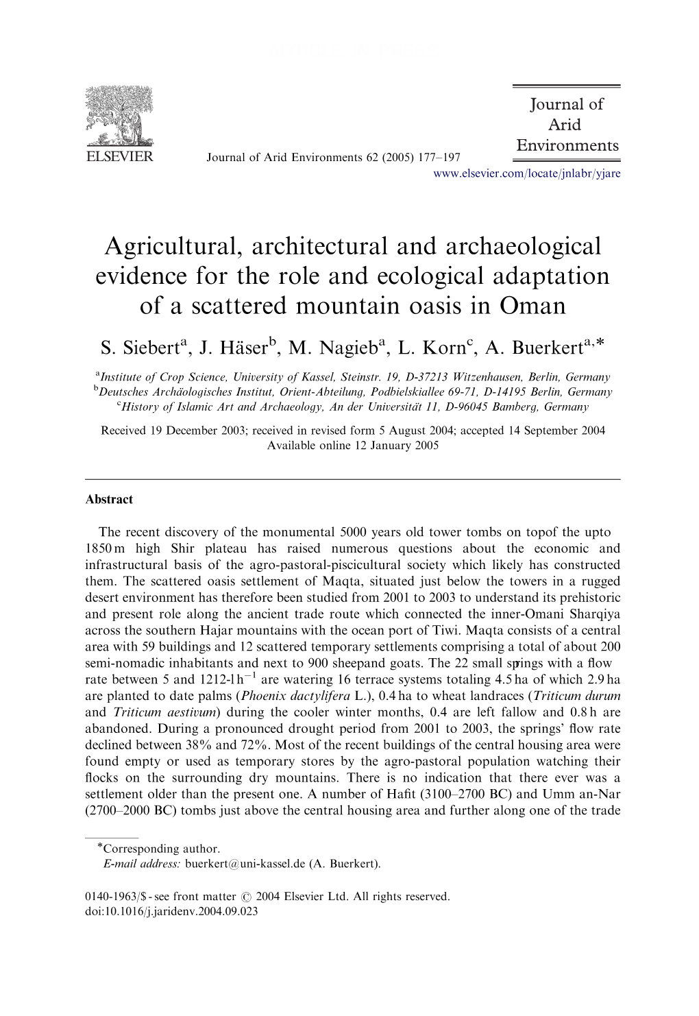 Agricultural, Architectural and Archaeological Evidence for the Role and Ecological Adaptation of a Scattered Mountain Oasis in Oman