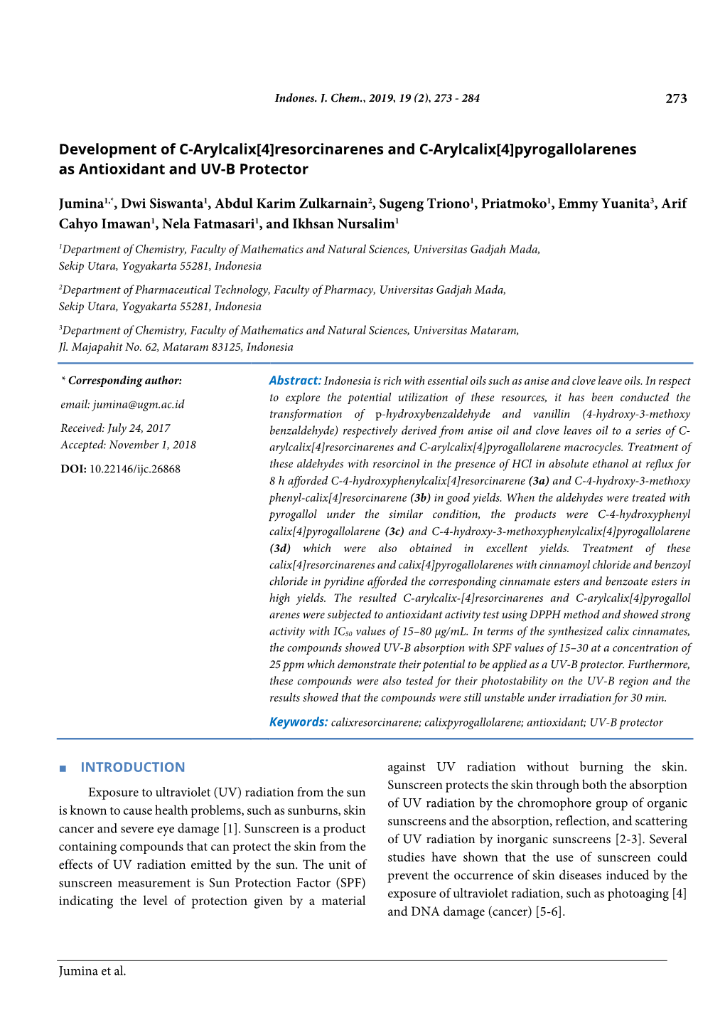 Resorcinarenes and C-Arylcalix[4]Pyrogallolarenes As Antioxidant and UV-B Protector