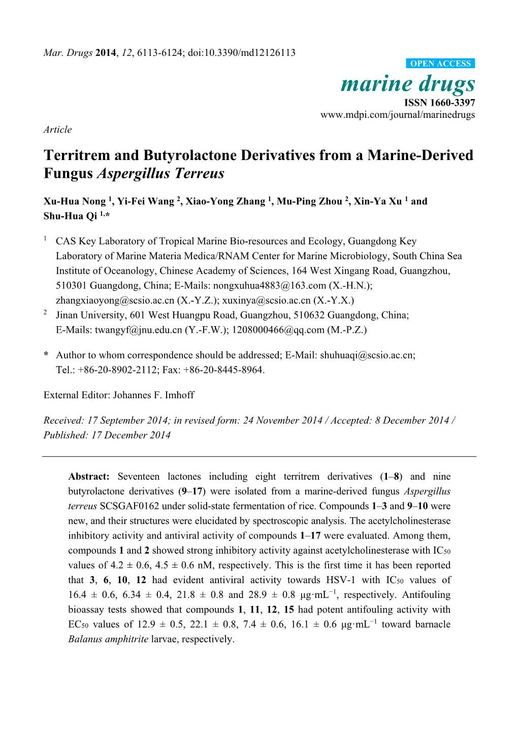 Territrem and Butyrolactone Derivatives from a Marine-Derived Fungus Aspergillus Terreus