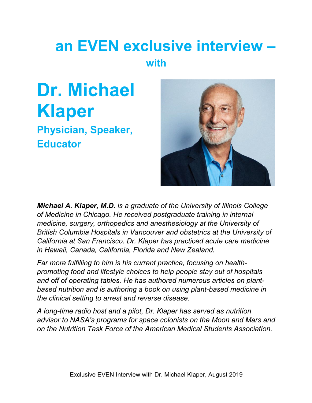 Michael Klaper Physician, Speaker, Educator