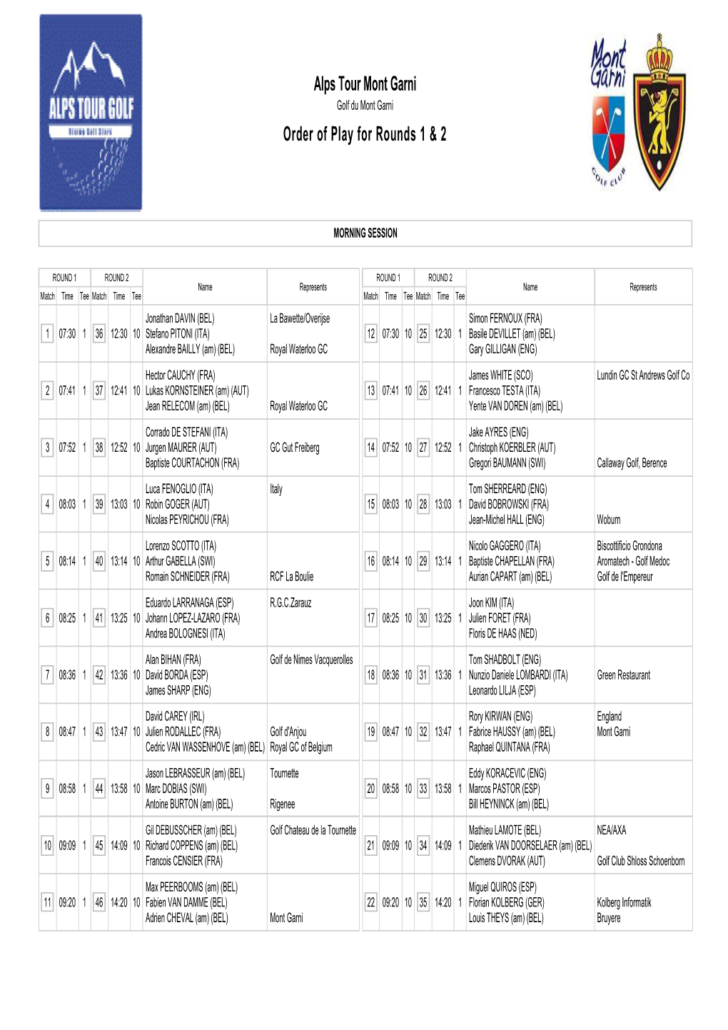 Alps Tour Mont Garni Order of Play for Rounds 1 & 2