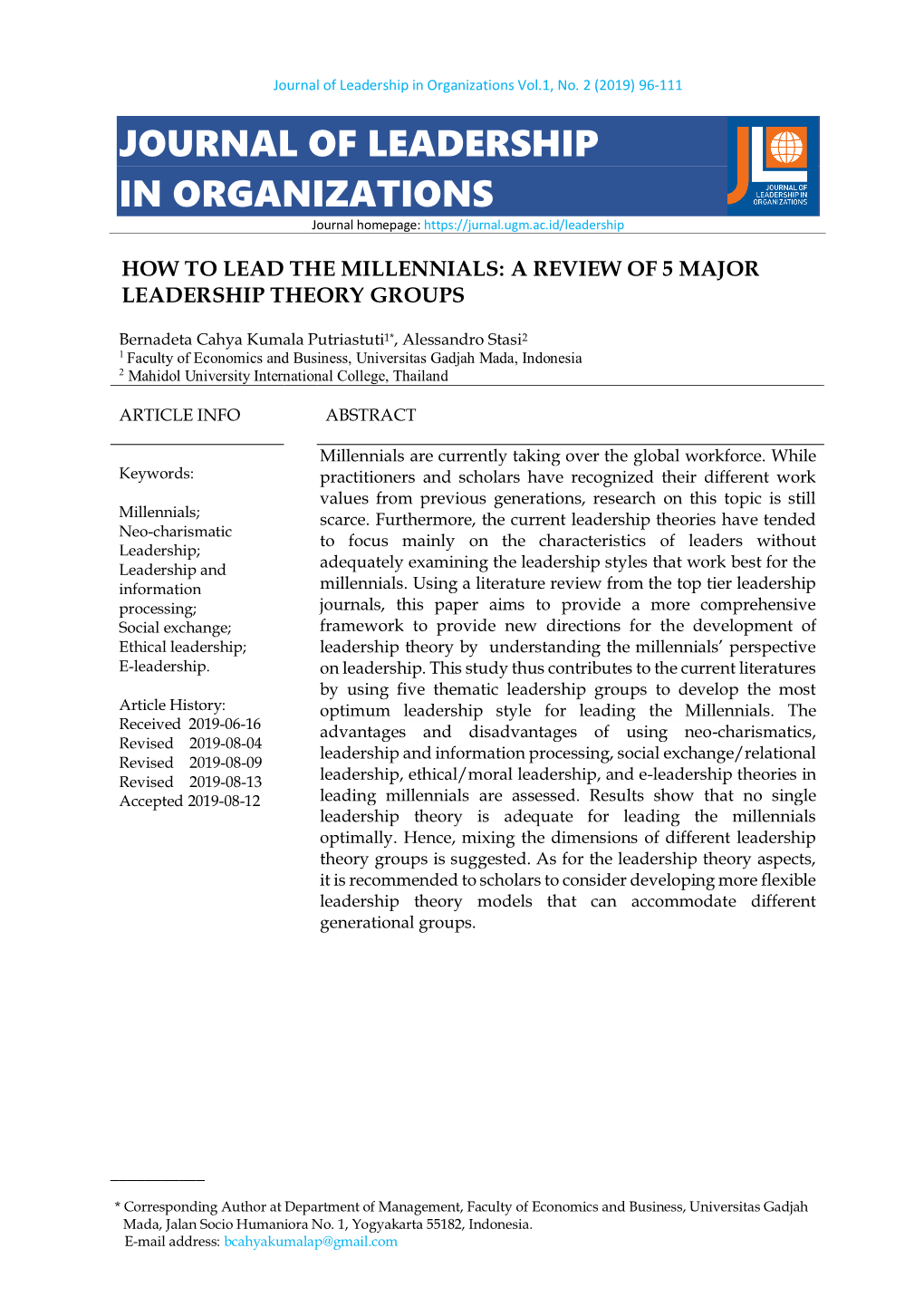 Journal of Leadership in Organizations Vol.1, No