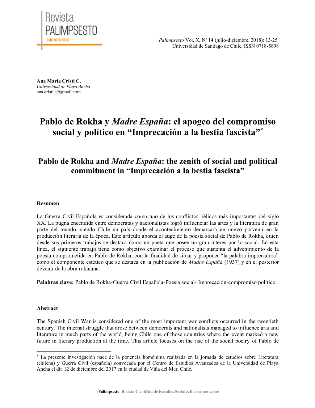 Pablo De Rokha Y Madre España: El Apogeo Del Compromiso Social Y Político En “Imprecación a La Bestia Fascista”*