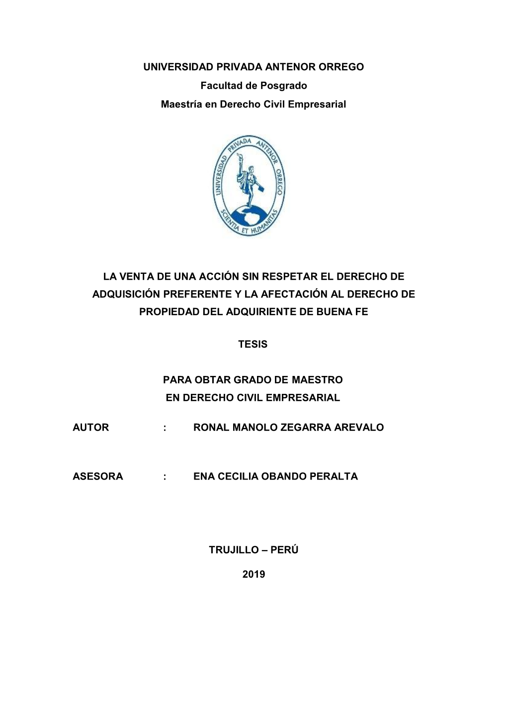 UNIVERSIDAD PRIVADA ANTENOR ORREGO Facultad De Posgrado Maestría En Derecho Civil Empresarial