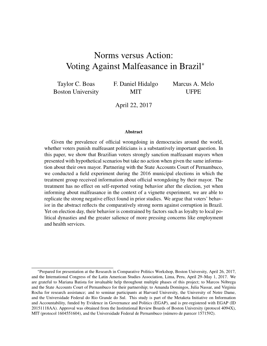 Norms Versus Action: Voting Against Malfeasance in Brazil∗