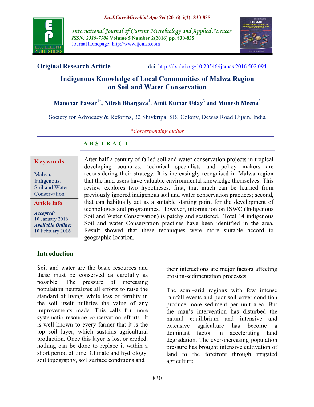 Indigenous Knowledge of Local Communities of Malwa Region on Soil and Water Conservation